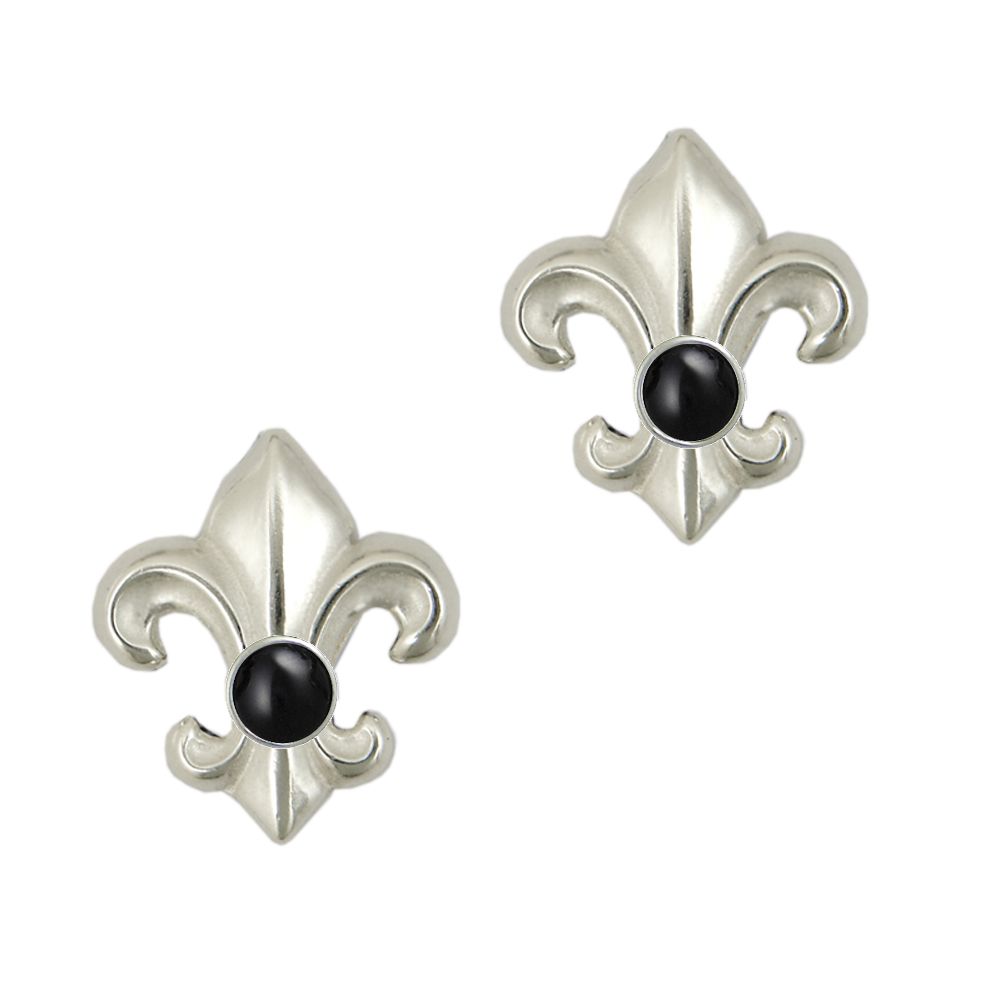 Sterling Silver And Black Onyx Fleur de Lis Post Stud Earrings